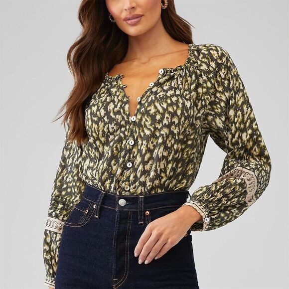 Cleobella Women's Alicia Blouse Size M Button-Front Top Black Leopard - Picture 1 of 11